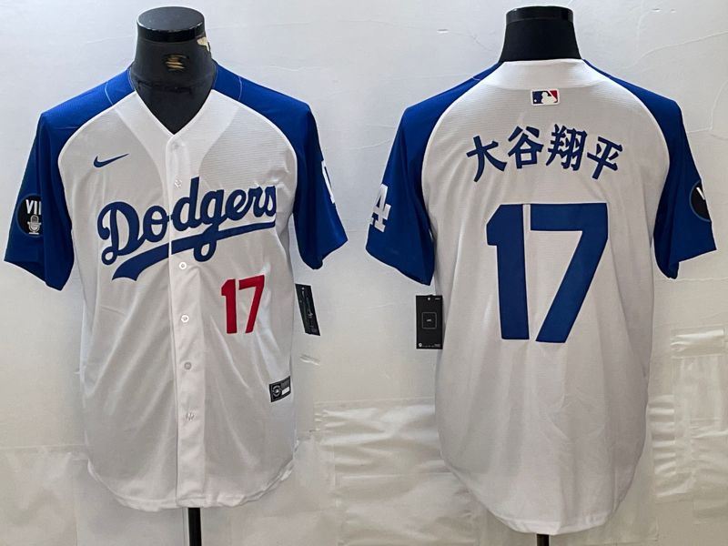 Men Los Angeles Dodgers 17 Ohtani White blue Fashion Nike Game MLB Jersey style 8